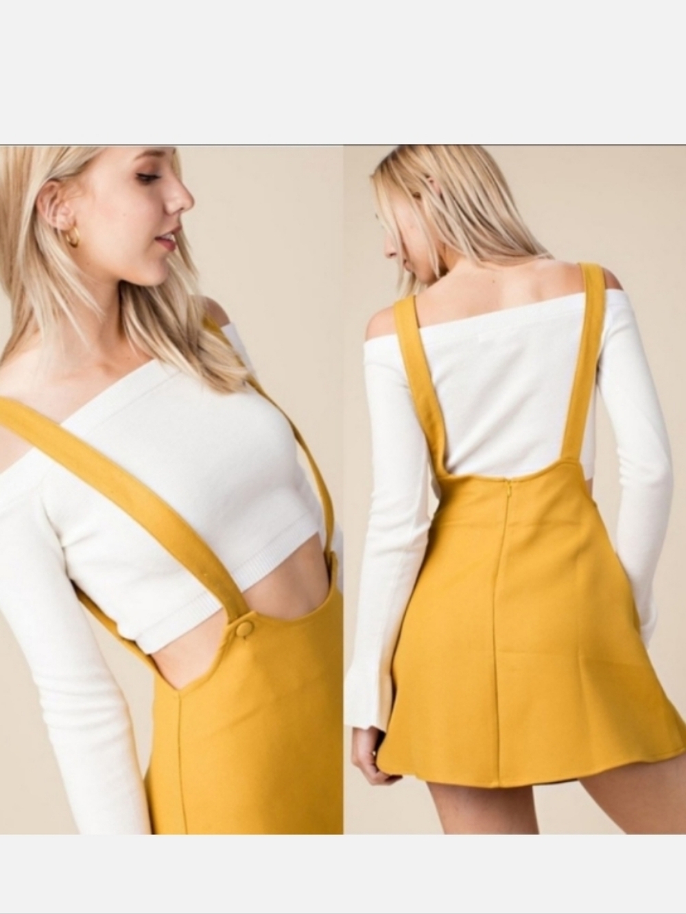 Medium Wild Honey Mustard Pinafore Mini Dress Suspenders Baddie Scandi Casual